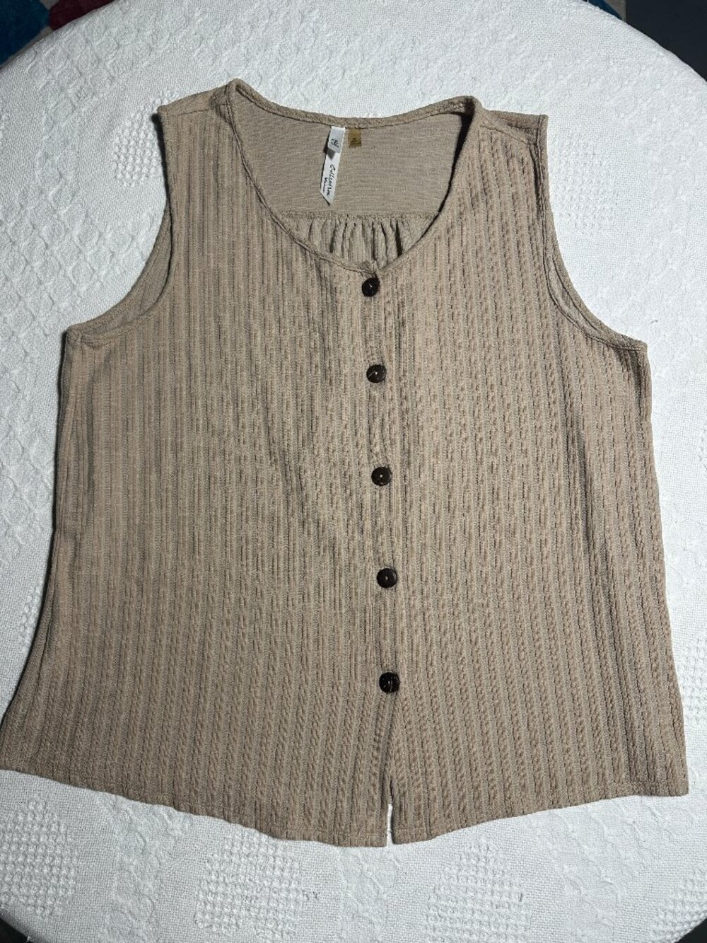 NY Collection Woman 1X Taupe Ribbed Button Front Tank Top Boho Neutral